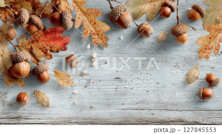 Autumn Acorn and Oak Leaf Border on Weathered Wood Autumn Acorn and Oak Leaf Border on Weathered Wood 127845553