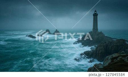 Dark Moody Seascape: Lighthouse on Rocky Coast During Storm 127845584