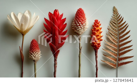 Red and White Flowers with Gold Fern Flatlay 127845641