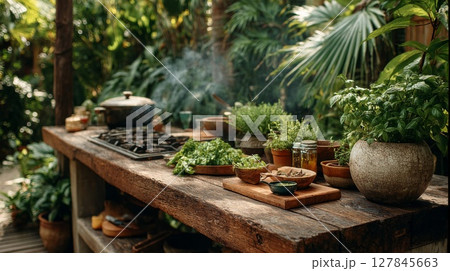 Outdoor Tropical Kitchen with Fresh Herbs and Spices 127845663