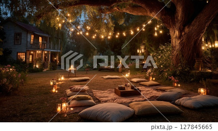 Romantic Night Garden Party with Fairy Lights and Candles 127845665