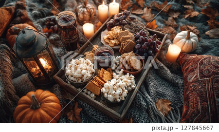 Autumnal Picnic with Warm Lighting and Cozy Atmosphere 127845667