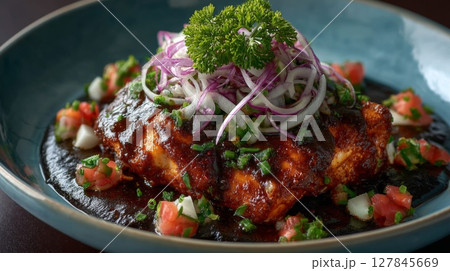 Dark Sauce Seafood Dish with Red Onion and Parsley Garnish 127845669