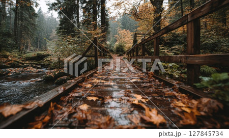 Wet Wooden Bridge In Autumn Forest Wet Wooden Bridge In Autumn Forest 127845734