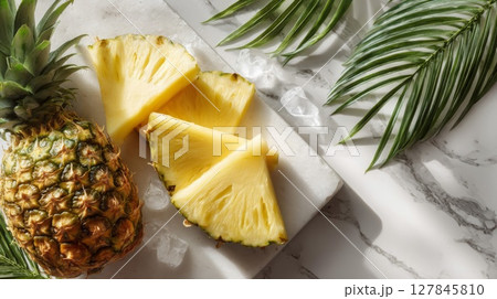 Ripe Pineapple Slices on Marble with Palm Leaves 127845810