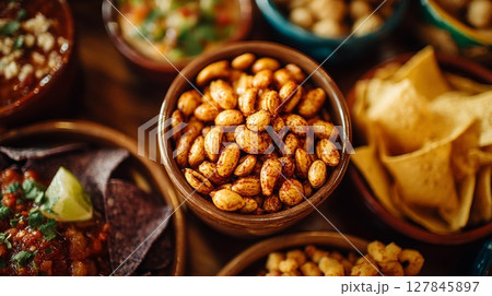 Spicy Roasted Beans and Tortilla Chips 127845897