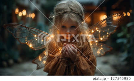 Girl with Illuminated Wings in a Garden at Night 127845980