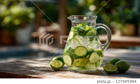 Refreshing Cucumber Lime Infused Water in Glass Pitcher Refreshing Cucumber Lime Infused Water in Glass Pitcher 127845994