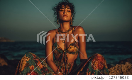 Woman in Bohemian Clothing at Sunset Beach 127846088