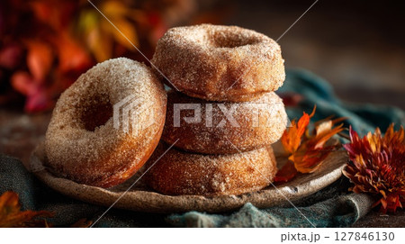 Stack of Sugar-Dusted Donuts with Autumn Leaves 127846130
