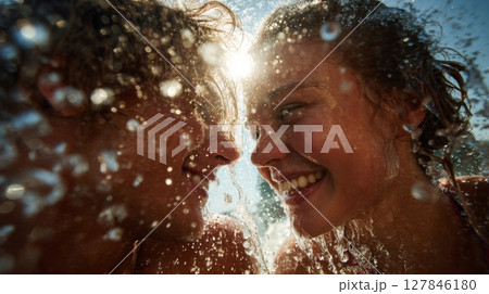 Smiling Couple Splashing Water Happy Summer Romance 127846180
