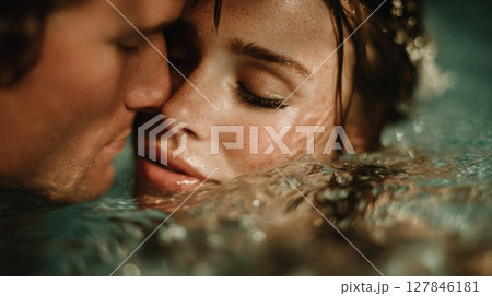 Romantic Couple Kissing Underwater Close Up 127846181