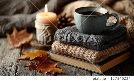 Cozy Autumn Still Life with Coffee Mug and Knitted Sweaters 127846224