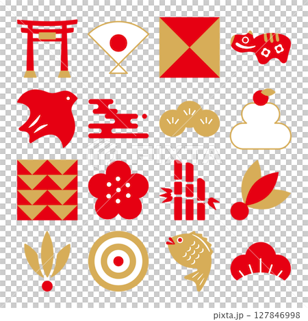 Japanese-style illustrations that can be used for New Year's cards. Japanese-style icon set. Japanese modern illustrations. Japanese-style illustrations that can be used for New Year's cards. Japanese-style icon set. Japanese modern illustrations. 127846998