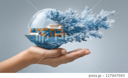 Hand holds globe with cargo ship inside, symbolizing global trade and tariff impact on shipping with dynamic water splash effect Hand holds globe with cargo ship inside, symbolizing global trade and tariff impact on shipping with dynamic water splash effect 127847093