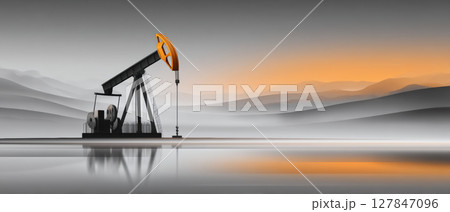 Oil pumpjack with orange head at sunset reflects on water surface in misty mountain landscape with tariff impact on energy cost Oil pumpjack with orange head at sunset reflects on water surface in misty mountain landscape with tariff impact on energy cost 127847096