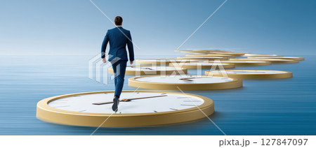 Businessman walks on large clocks over water symbolizing tariff and time management in business with calm blue sky background 127847097