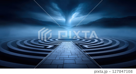 Mysterious labyrinth under dark sky with glowing light and swirling clouds creates surreal scene that challenges mind like tariff Mysterious labyrinth under dark sky with glowing light and swirling clouds creates surreal scene that challenges mind like tariff 127847108