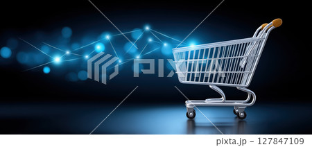 E commerce shopping cart with digital network connection concept for online retail and internet business technology 127847109