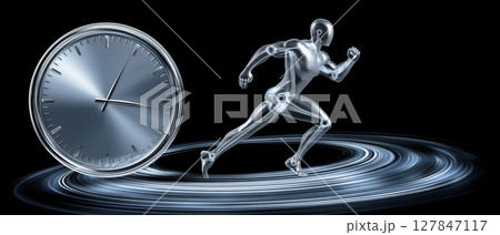 Time management concept with running human figure and clock symbolizing speed and efficiency in e commerce business growth Time management concept with running human figure and clock symbolizing speed and efficiency in e commerce business growth 127847117