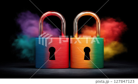 Two colorful padlock with vibrant smoke symbolize security and protection in e commerce digital transactions and online data safety Two colorful padlock with vibrant smoke symbolize security and protection in e commerce digital transactions and online data safety 127847123
