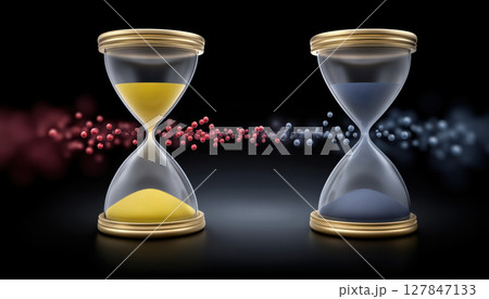 Two hourglass with yellow and blue sand connected by floating particles symbolizing time and e commerce flow in modern concept 127847133