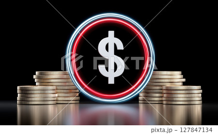 Dollar sign neon light with stacked coins on reflective surface symbolizing e commerce and financial growth 127847134