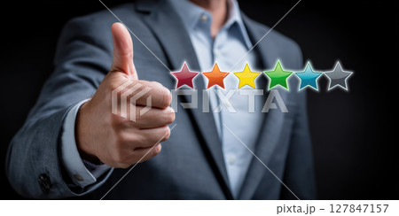 Positive e commerce feedback concept with businessman showing thumbs up and colorful star rating on dark background for success 127847157