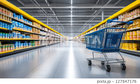 Shopping cart in aisle of supermarket with shelves full of canned food and e commerce products for customers to buy 127847176
