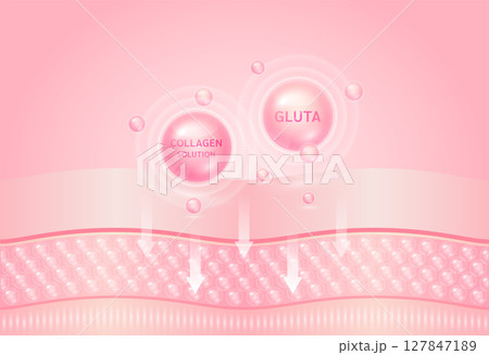 Pink collagen and glutathione drop absorbed into the skin cell layer getting younger. Collagen solution for cosmetic advertising. Medical beauty concept. 3D Vector EPS10. Pink collagen and glutathione drop absorbed into the skin cell layer getting younger. Collagen solution for cosmetic advertising. Medical beauty concept. 3D Vector EPS10. 127847189
