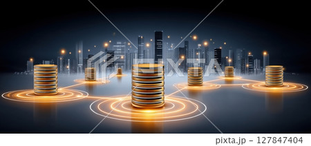 Cloud technology concept with modern data center and cloud technologies visualized as digital stacks in futuristic cityscape 127847404