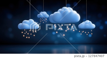 Cloud technology concept data center concept modern cloud technologies with glowing lights hanging on blue background Cloud technology concept data center concept modern cloud technologies with glowing lights hanging on blue background 127847407