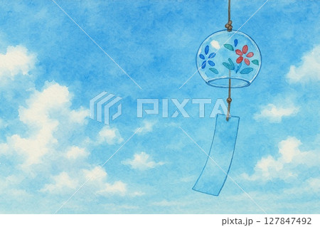青空に揺れる風鈴の水彩画 127847492