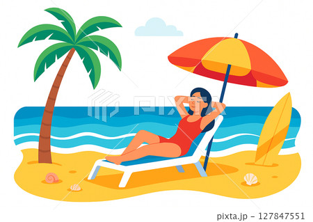 浜辺で日光浴を楽しむ女性 浜辺で日光浴を楽しむ女性 127847551