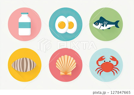 Colorful flat illustration of various food items including milk, eggs, fish, shellfish, and crab, representing common allergens in a vibrant and engaging design 127847665