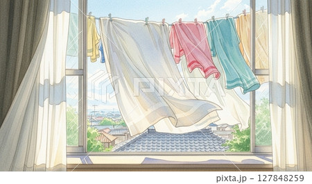 洗濯物越しに望む穏やかな夏空と街並み 127848259