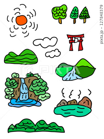 シンプルなタッチの滝、山など自然のイラストセット 127848379