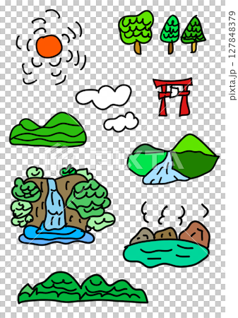 シンプルなタッチの滝、山など自然のイラストセット 127848379