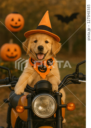 犬が楽しくハロウィンをしている様子 犬が楽しくハロウィンをしている様子 127848385