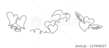 Set of valentines with hearts drawn in continuous line in minimalism, one line, festive decor, greeting card, invitation to holiday, wedding. Editable vector contour. Set of valentines with hearts drawn in continuous line in minimalism, one line, festive decor, greeting card, invitation to holiday, wedding. Editable vector contour. 127848627