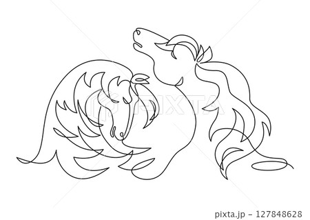 Composition with two horses heads drawn in continuous line in minimalism, abstract, logo, tattoo, symbol of year, one line, editable vector contour 127848628