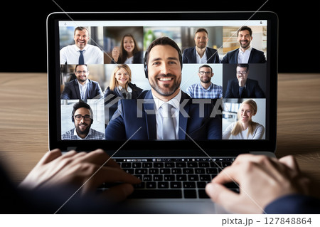 Professional Diverse Employees Engaged in Online Video Conference Meeting with Laptop Device 127848864