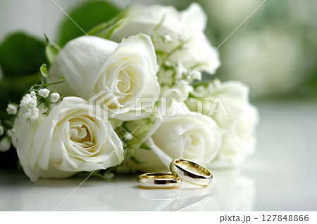 Elegant Concept with White Roses and Wedding Rings on a Soft Background 127848866