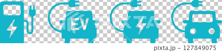 Electric car, EV, eco car and charging station icon illustration blue front Electric car, EV, eco car and charging station icon illustration blue front 127849075