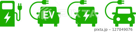 電気自動車・EV・エコカーと充電スタンドのアイコンイラスト緑正面 電気自動車・EV・エコカーと充電スタンドのアイコンイラスト緑正面 127849076