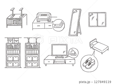 地震対策にまつわる手描きイラストセット（モノクロ） 127849119