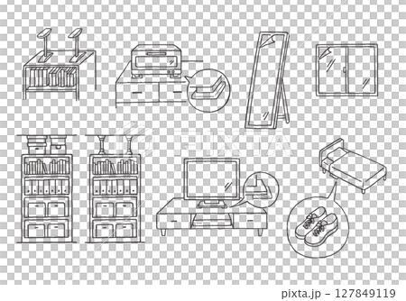 Hand-drawn illustration set related to earthquake countermeasures (monochrome) 127849119