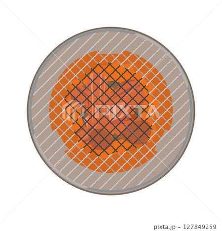 加熱中の七輪に丸形焼き網を乗せるイラスト 127849259
