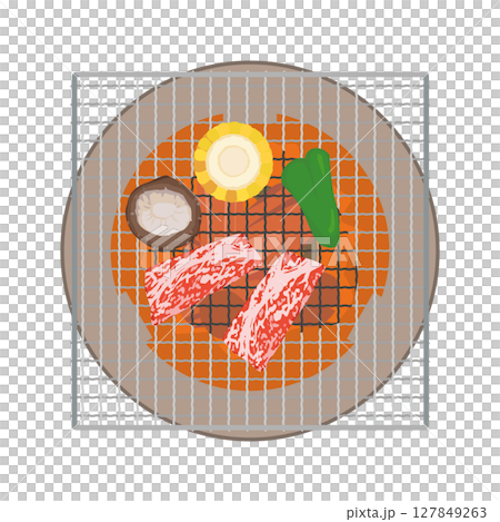 Illustration of grilling meat on a square grill 127849263