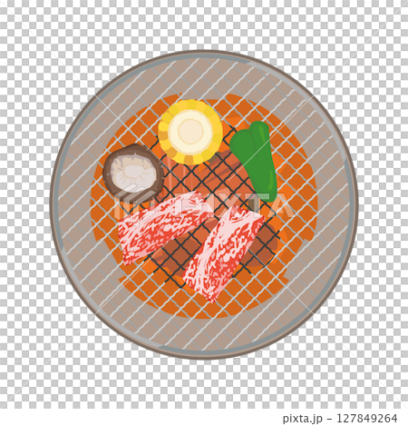 Illustration of grilling meat on a round grill 127849264
